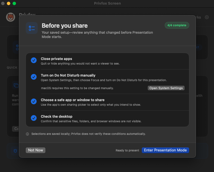 Privfox Screen completed pre-share checklist