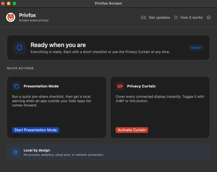 Privfox Screen dashboard with Presentation Mode and Privacy Curtain actions
