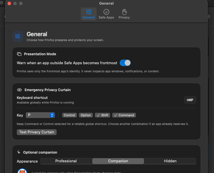 Privfox Screen settings for Safe Apps warnings and the Privacy Curtain shortcut